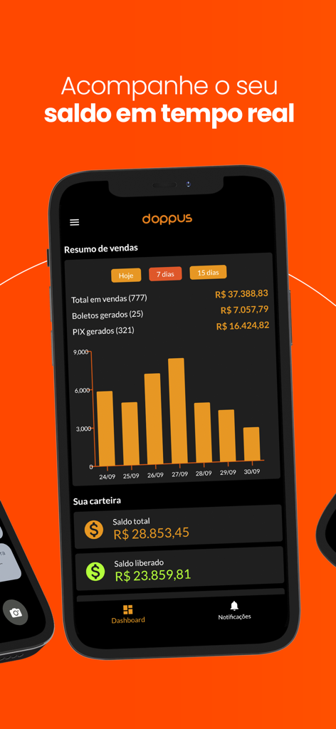 Doppus - Dashboard di riepilogo delle vendite dell'app mobile Doppus con un grafico a barre e monitoraggio del saldo in tempo reale