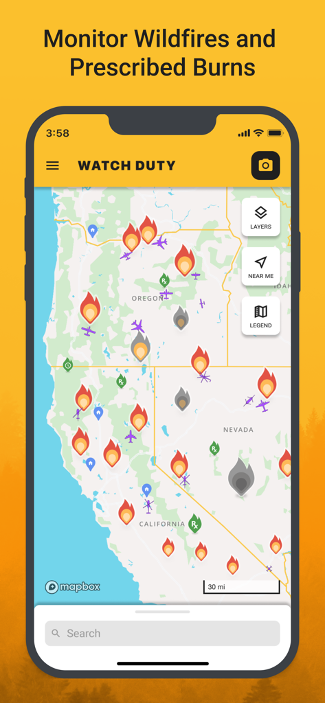 Watch Duty: Wildfire Maps - Watch Duty app interface showing a real-time wildfire tracking map with fire icons and flight paths across the Western United States.