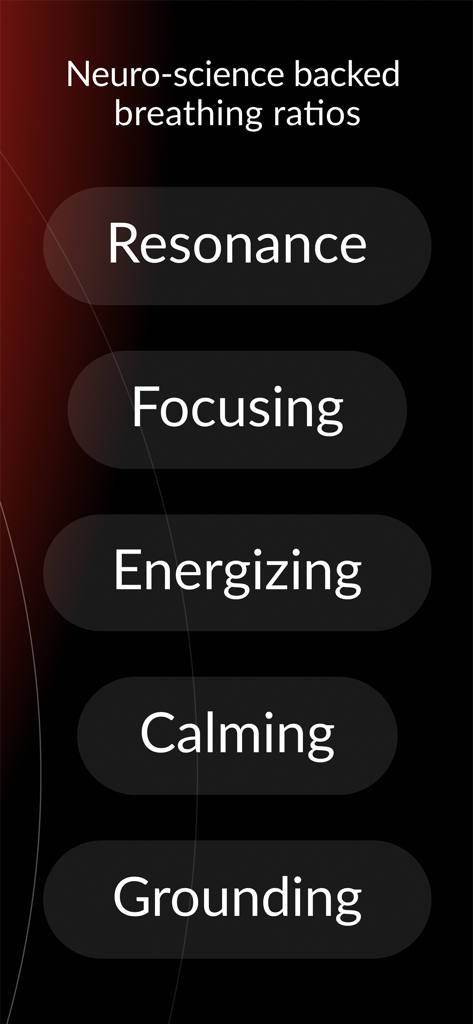 The Breathing App: Calm Daily - The Breathing App menu showing neuro-science backed breathing ratios like Resonance Focusing and Calming