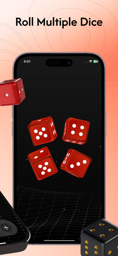 Dice Roller - Roll the Dice - Dice Roller mobile app interface showing four red dice on a smartphone screen