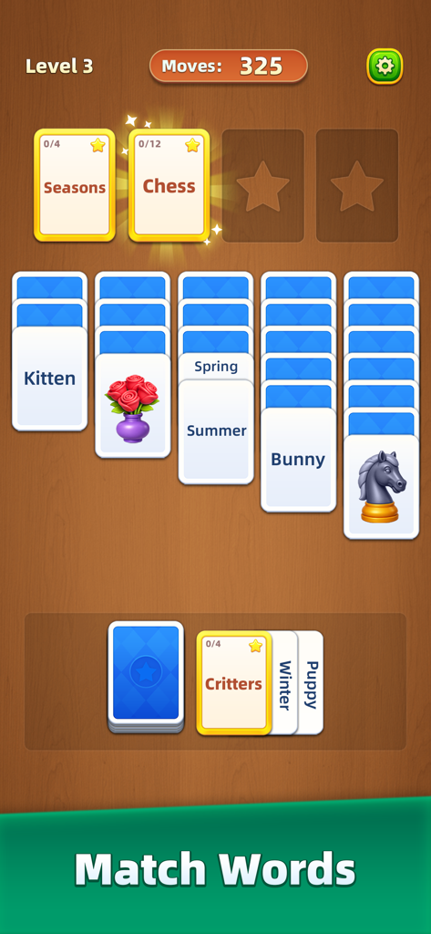Word MindSort: Solitaire - 두뇌 훈련 퍼즐 경험을 위한 단어 카드와 범주를 보여주는 Word MindSort 솔리테어 게임 화면