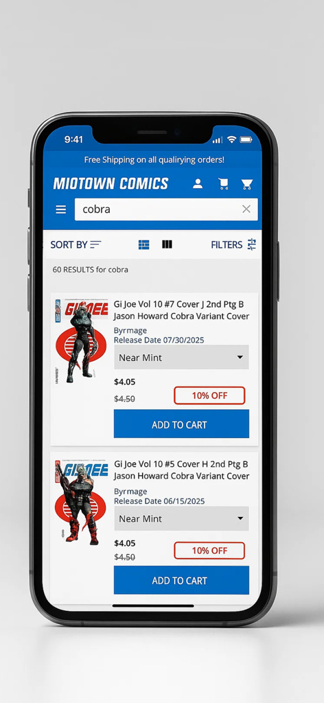 Midtown Comics - The Midtown Comics mobile app displaying search results for GI Joe variant cover comic books with pricing and add to cart buttons.