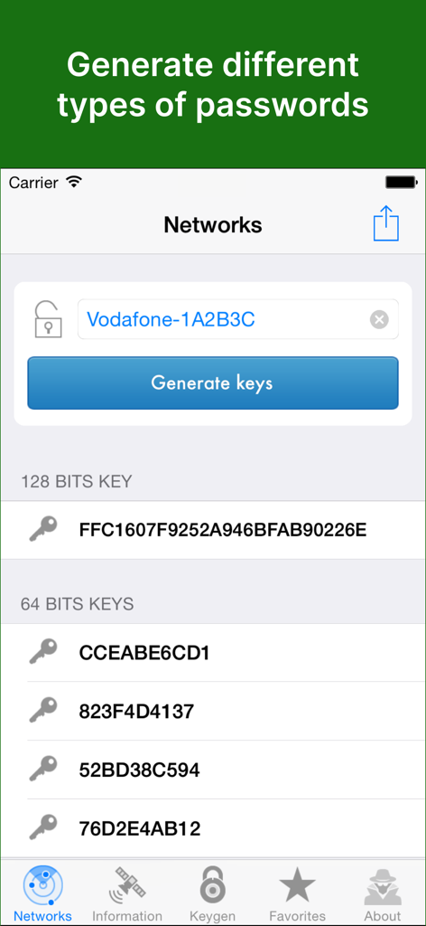 WiFiAudit Pro - WiFi Passwords - WiFiAudit Pro app interface showing generated 128-bit and 64-bit security keys for a Vodafone network.