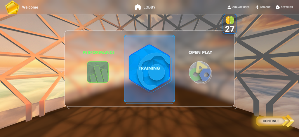 Brain Balance Cognitive App - Lobby principale dell'App Cognitiva Brain Balance con opzioni di menu per Allenamento delle Prestazioni e Gioco Libero su uno sfondo di tramonto.