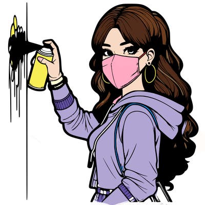 realistic girl with mask spray painting a wall