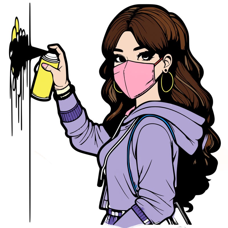 realistic girl with mask spray painting a wall