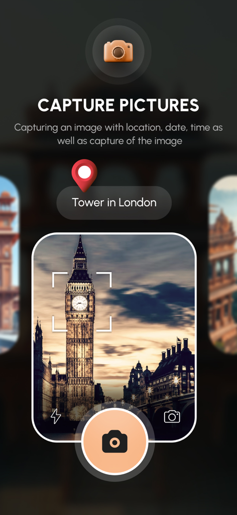 GPS Map Camera Geotag Location - GPSマップカメラアプリのインターフェース、ジオタグ付き位置ピンでビッグ・ベンを撮影