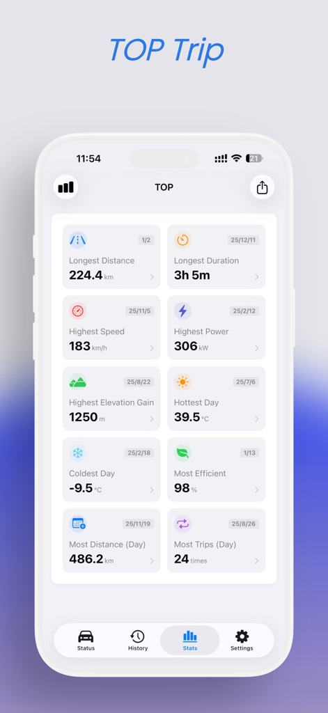 Dashboard dell'app Mytess che mostra i migliori record di guida Tesla, inclusi la distanza maggiore e la massima efficienza