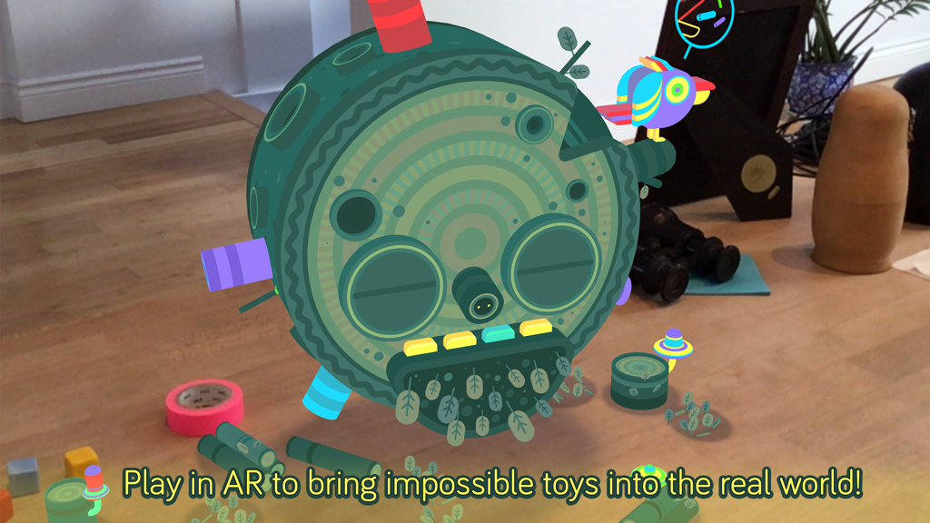 GNOG - A colorful 3D monster head from the GNOG puzzle game shown in augmented reality on a living room floor