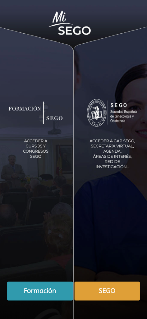 Mi SEGO - Pantalla de inicio de la aplicación Mi SEGO que muestra botones para cursos de formación y recursos médicos profesionales