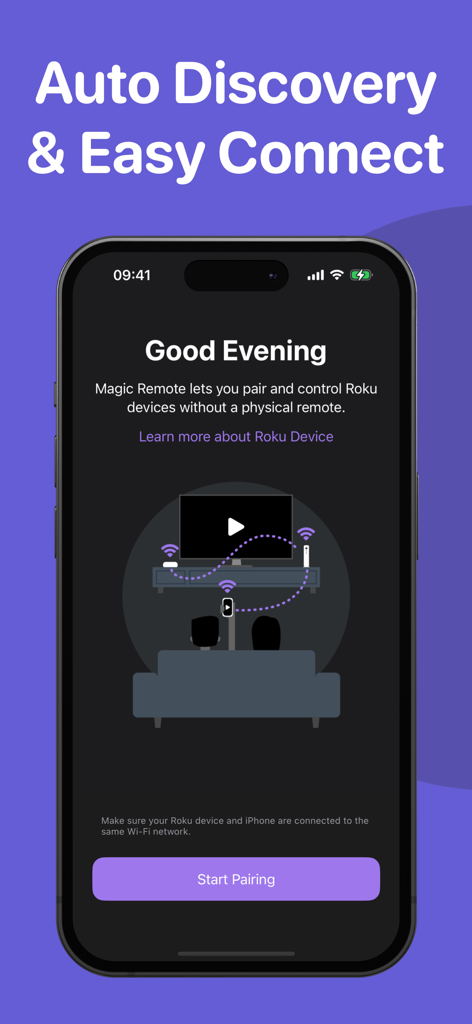 Pantalla de descubrimiento automático y conexión fácil para emparejar la aplicación Roku Remote.