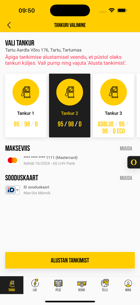 Olerex app screen for selecting a fuel pump and mobile payment