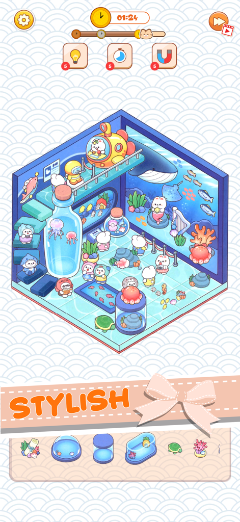 Tiny Sticker Home Decor - Aquarium themed room design with cute characters and stickers in the Tiny Sticker Home Decor app