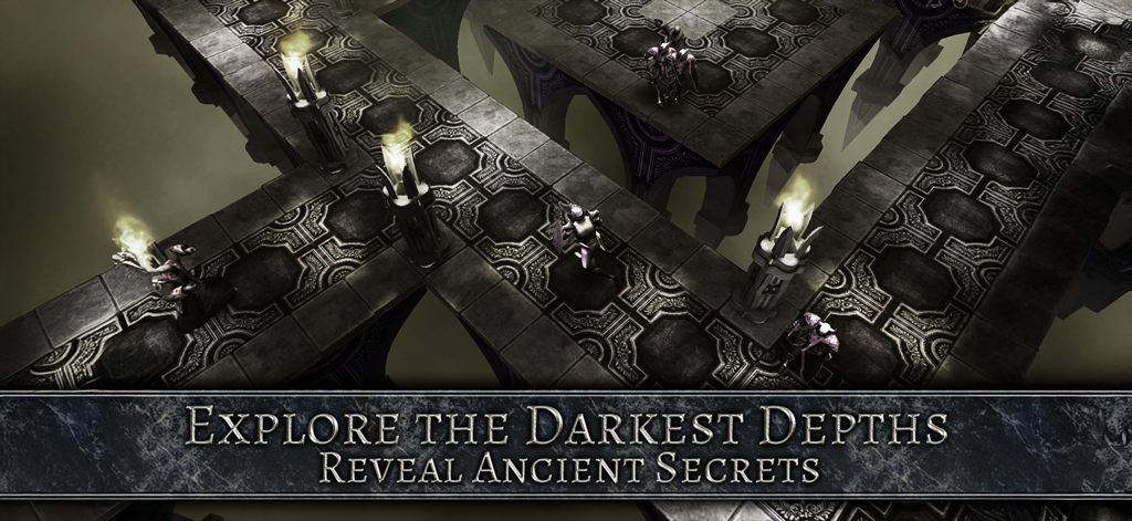 AnimA ARPG (Action RPG) - モバイルゲームAnimA ARPGで、キャラクターがゴシック調の暗いダンジョンを探索しているトップダウンビュー