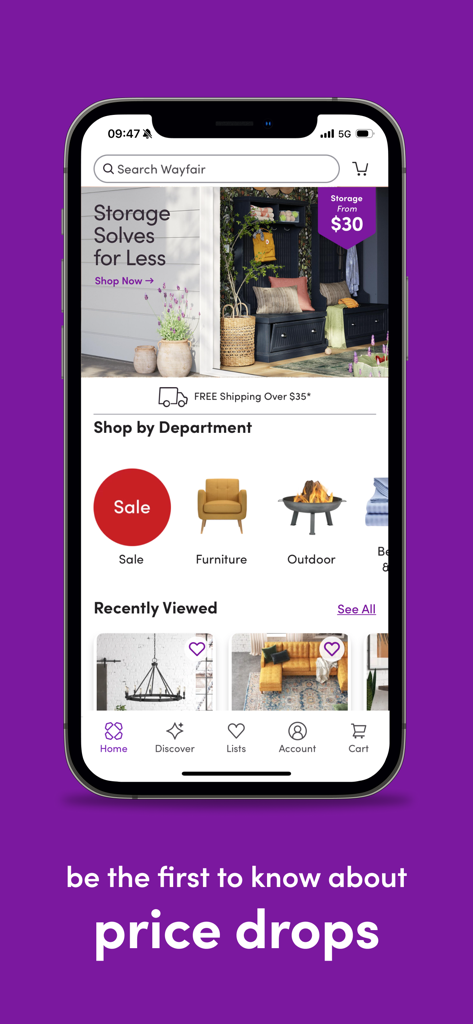 Wayfair – Shop All Things Home - Schermata principale dell'app Wayfair su un iPhone che mostra saldi di mobili e una notifica di calo dei prezzi