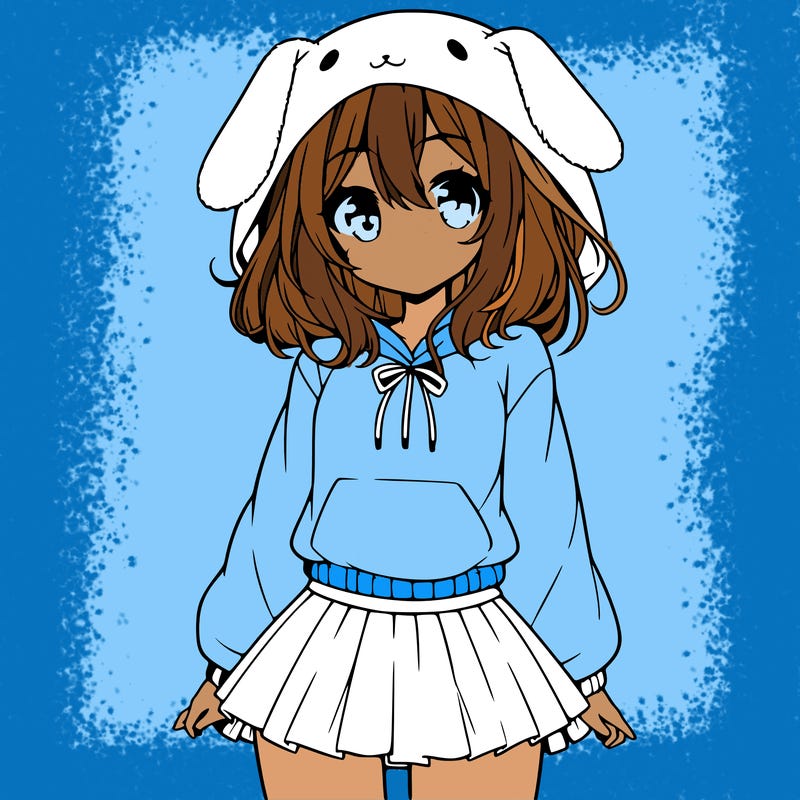 pretty anime girl wearing a fluffy hoodie with bunny ears on the hood and a skirt