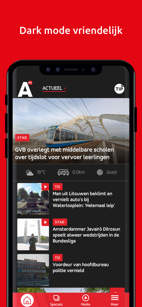 Screenshot of the AT5 news app interface featuring dark mode and local Amsterdam news stories