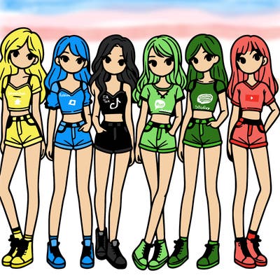 a group of girls wearing crop tops and shorts