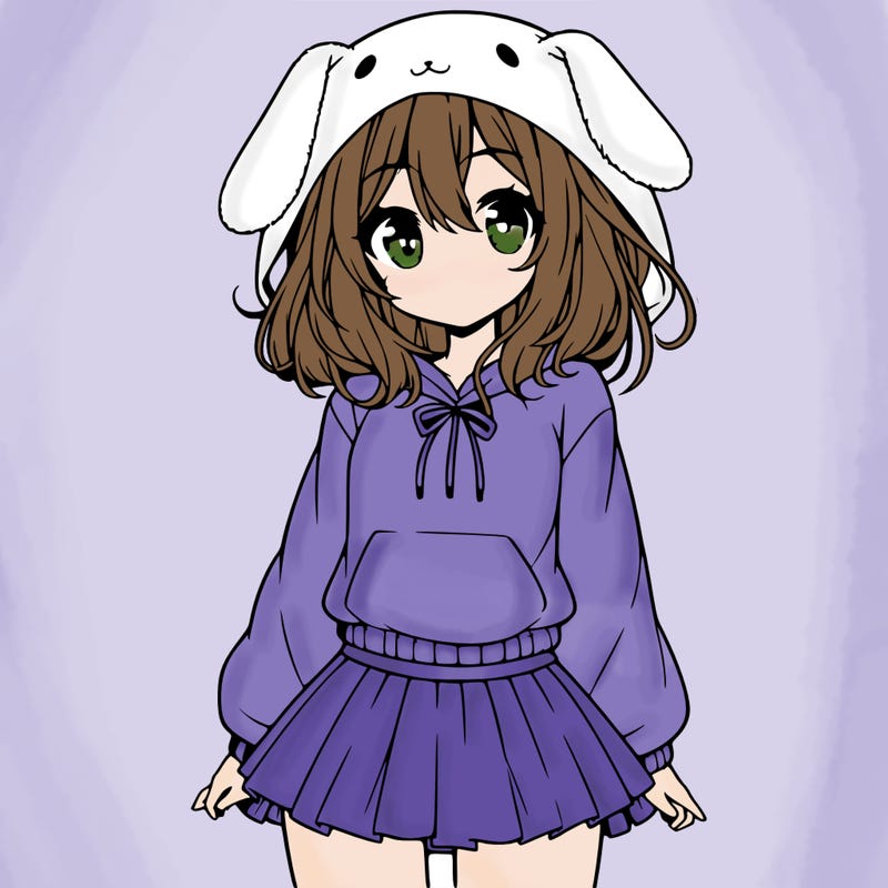 pretty anime girl wearing a fluffy hoodie with bunny ears on the hood and a skirt