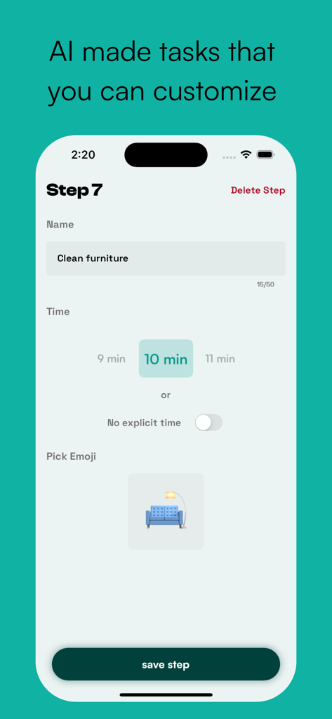 Pantalla de la aplicación Neurolist que muestra opciones de personalización para un paso de tarea específico, incluido el nombre, la duración y el emoji