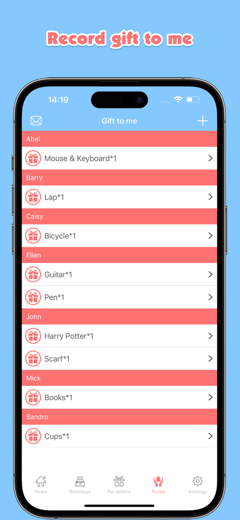 Mobile app screen tracking gifts received from friends and family in Birthday Planner Pro