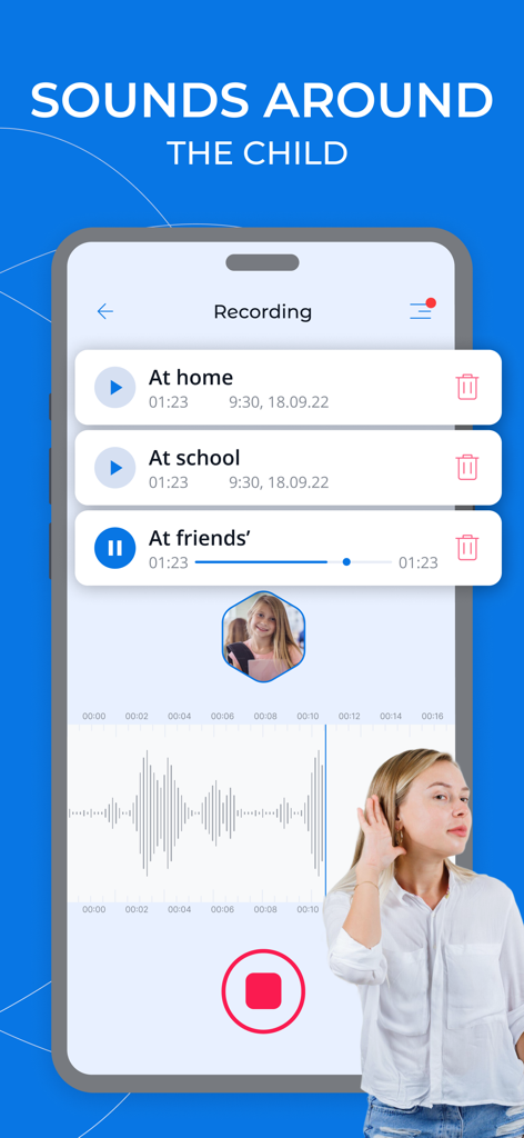 Pantalla de teléfono inteligente que muestra la función de grabación de audio Sonidos alrededor del niño de la aplicación de control parental Kroha