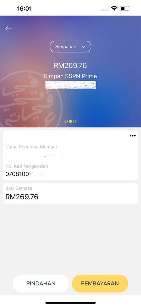 Pantalla de la aplicación móvil myPTPTN que muestra los detalles de la cuenta de ahorros Simpan SSPN Prime y el saldo actual