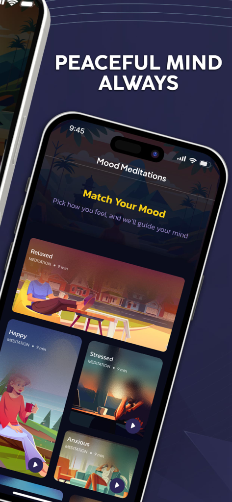 Rooted Center - Mood-based meditation selection screen in the Rooted Center app showing categories for relaxed happy stressed and anxious feelings