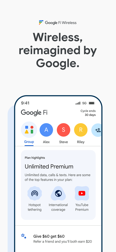 Google Fi Wireless - La aplicación Google Fi Wireless que muestra el panel del plan Unlimited Premium con miembros del grupo y cobertura internacional.