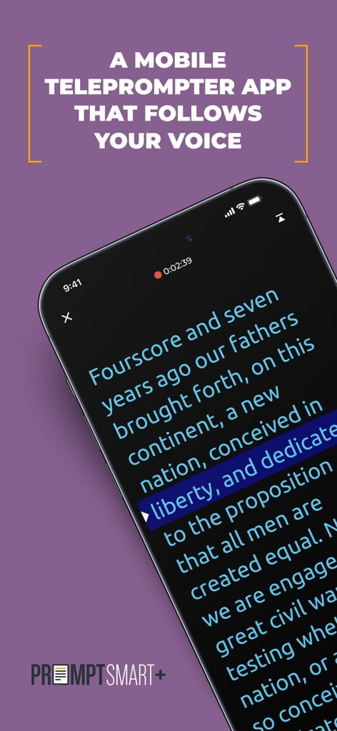 PromptSmart plus mobile teleprompter app interface showing text that follows your voice