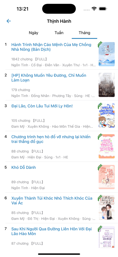 TYT - Truyện Full & Offline - Lista de tendências mensais de web novels vietnamitas populares no aplicativo TYT