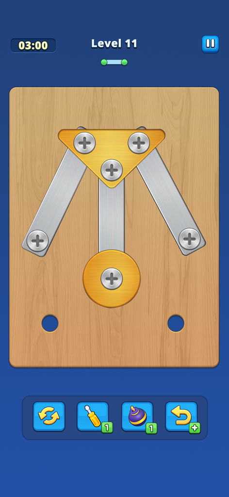 Tela de jogo de Take Off Bolts mostrando um quebra-cabeça lógico com parafusos e placas de metal em um fundo de madeira