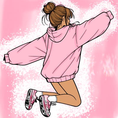 realistic girl jumping with a bun and oversized sweatshirt