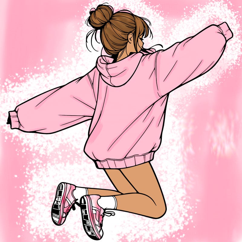 realistic girl jumping with a bun and oversized sweatshirt
