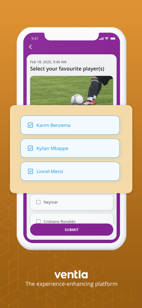Interface do aplicativo Ventla mostrando uma enquete interativa ao vivo onde os participantes podem selecionar seus jogadores favoritos durante um evento.