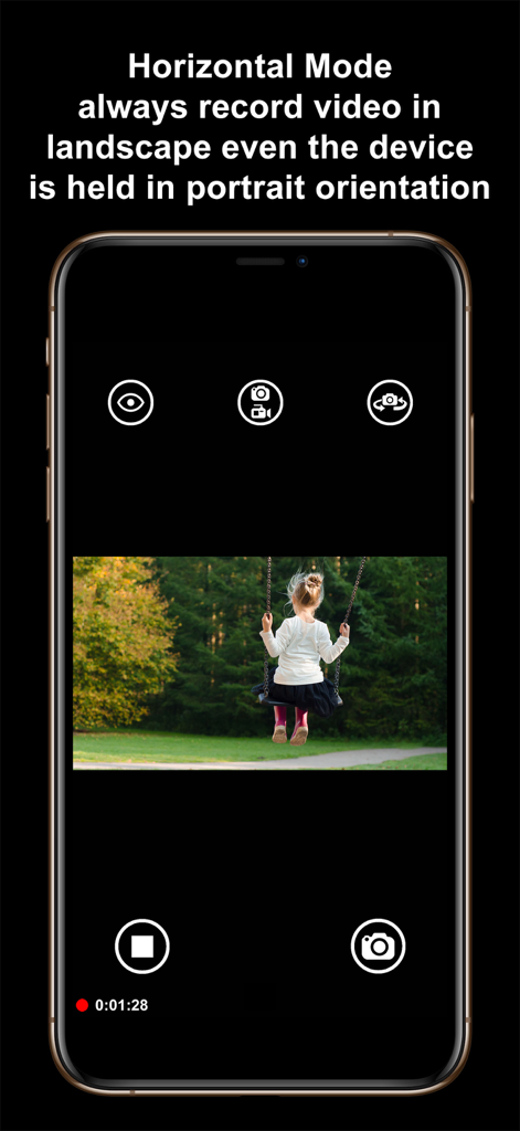 SP Camera - Interfaz de la aplicación SP Camera que demuestra el Modo Horizontal capturando vídeo horizontal mientras el teléfono se sostiene verticalmente.