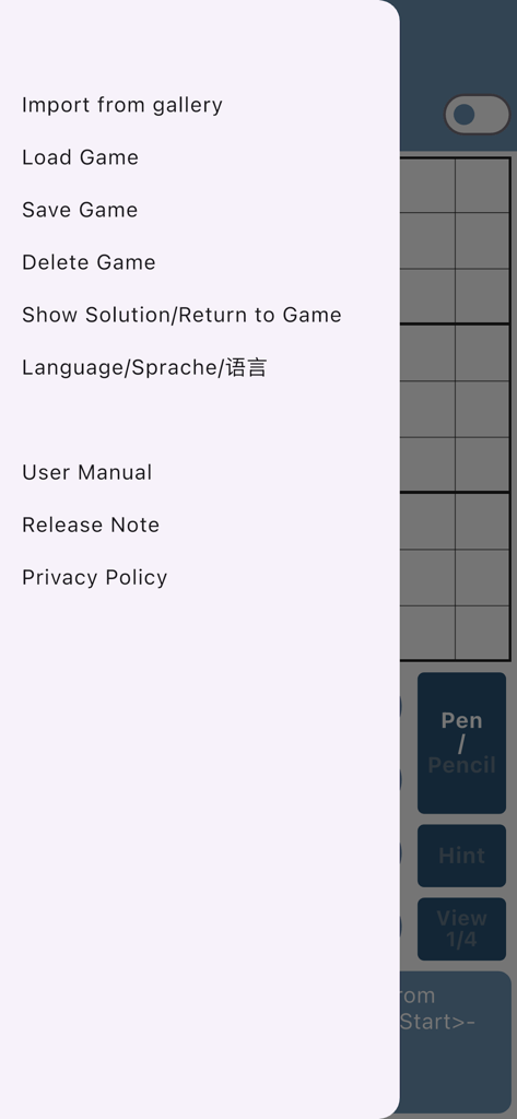SoLuLu - Main menu of the SoLuLu Sudoku assistant app featuring options to import from gallery, save games, and show solutions.
