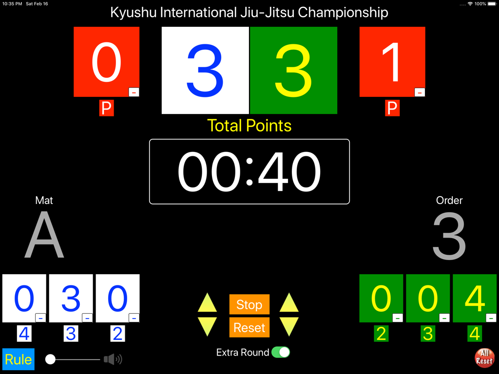 Digital scoreboard and timer for Brazilian Jiu-Jitsu matches showing points and match duration on an iPad screen.