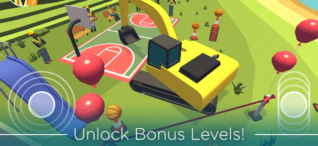 A yellow excavator playing basketball in a bonus level of the Dig In mobile game.