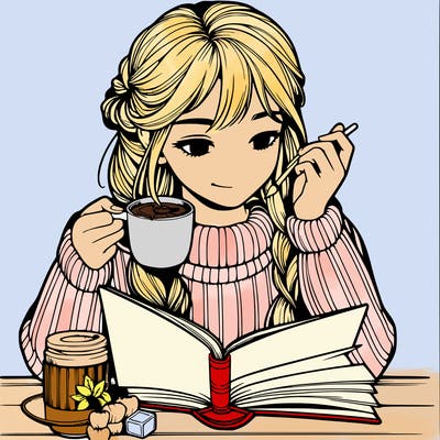 realistic girl reading a book and drinking hot chocolate