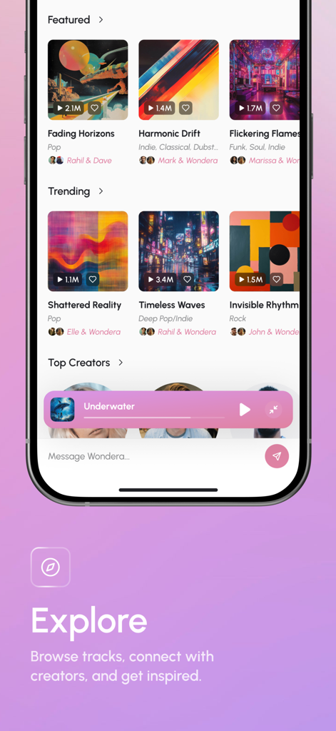 Wondera - AI for Music - A screenshot of the Wondera app explore page showing featured and trending music tracks with vibrant album covers.