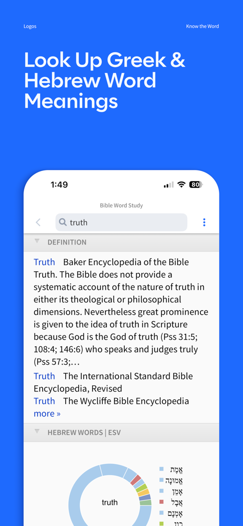 Logos Bible app showing Greek and Hebrew word study for theological research