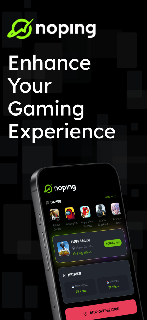 NoPing mobile app interface for gaming performance and latency optimization