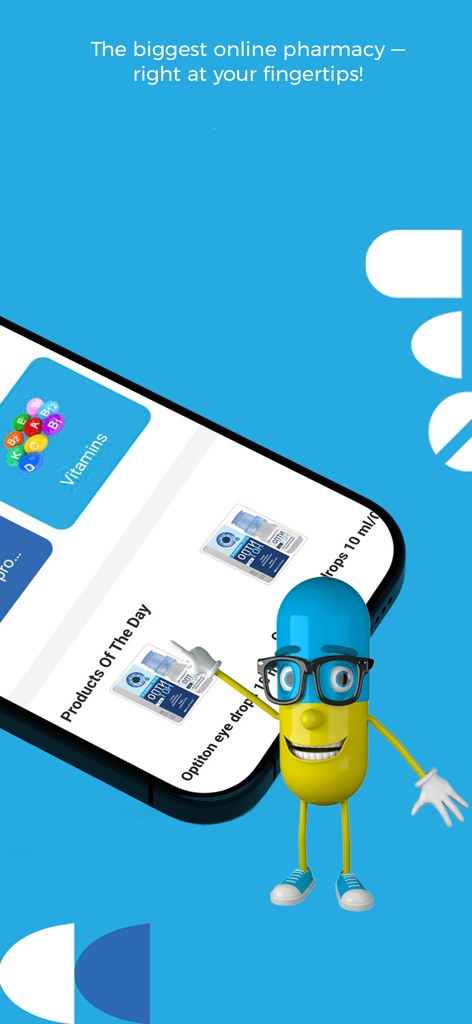 Tonus Online - Tonus Online 약국 앱 인터페이스, 비타민 카테고리 및 알약 마스코트 표시