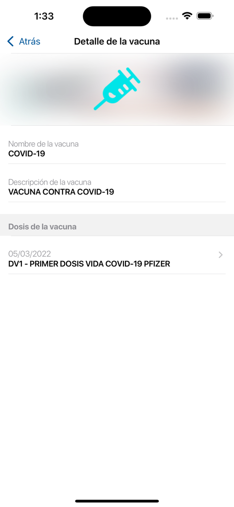 EDUS - Detalle de un registro de vacunación contra el COVID-19 que muestra la información de la dosis en la aplicación EDUS