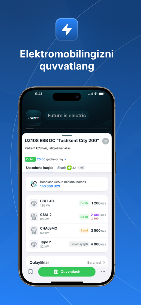 Avto24 - La aplicación Avto24 muestra detalles y precios de la estación de carga de vehículos eléctricos en uzbeko
