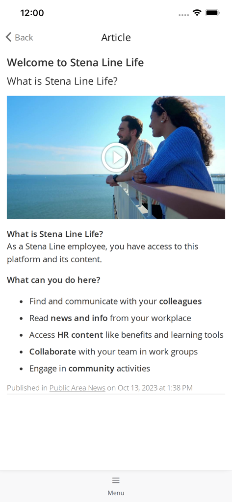 Stena Line Life - Stena Line Lifeアプリの従業員向けウェルカム記事画面。