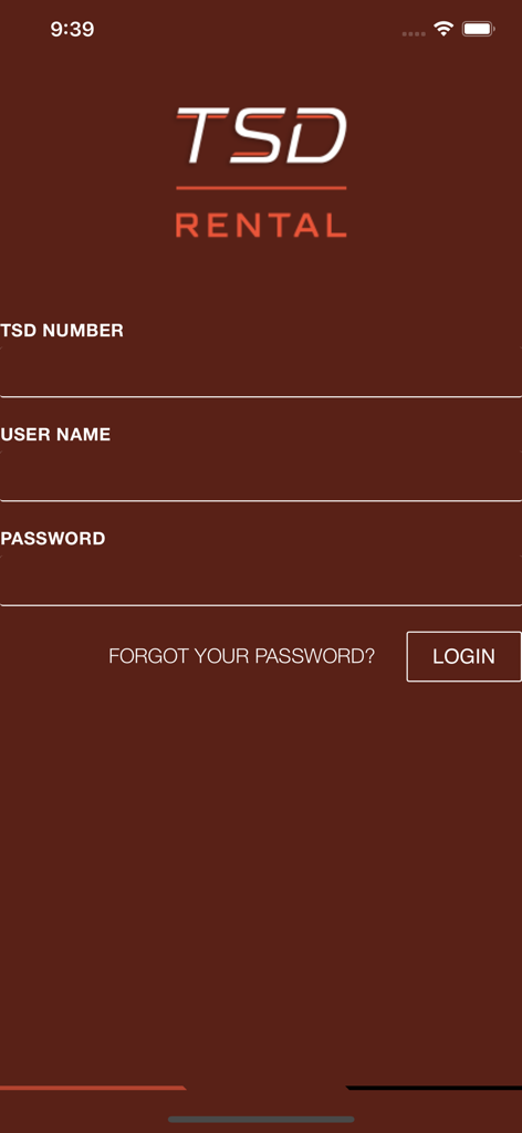 TSD Rental - TSD Rental mobile app login screen featuring fields for TSD number username and password