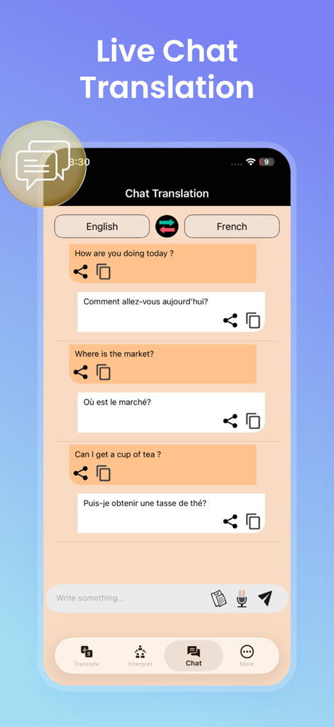 Offline Language Translator - Interfaccia di traduzione chat live dall'inglese al francese