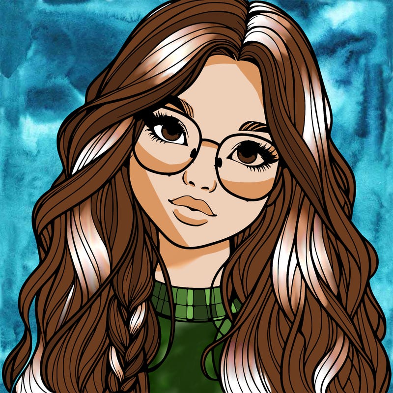 girl with long hair and freckles and glasses realistic